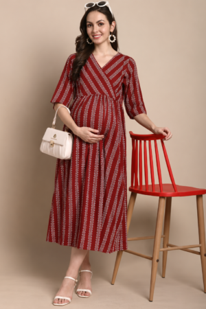 Maroon Maternity Feeding Dress – Cotton Full Length