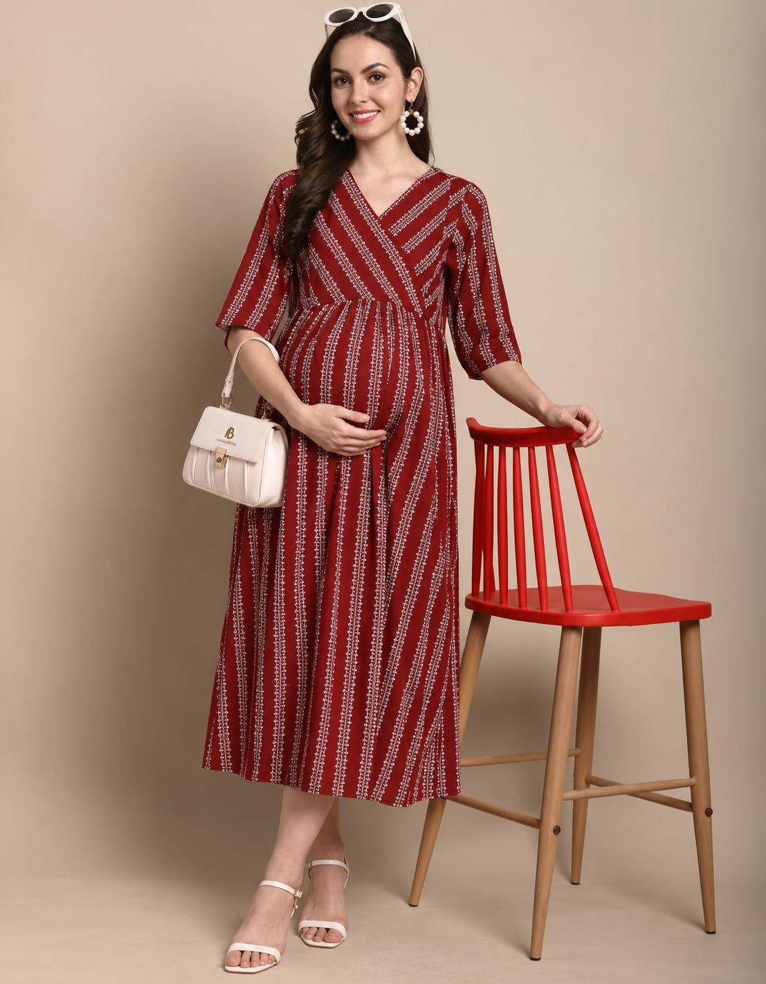 Maroon Maternity Feeding Dress – Cotton Full Length