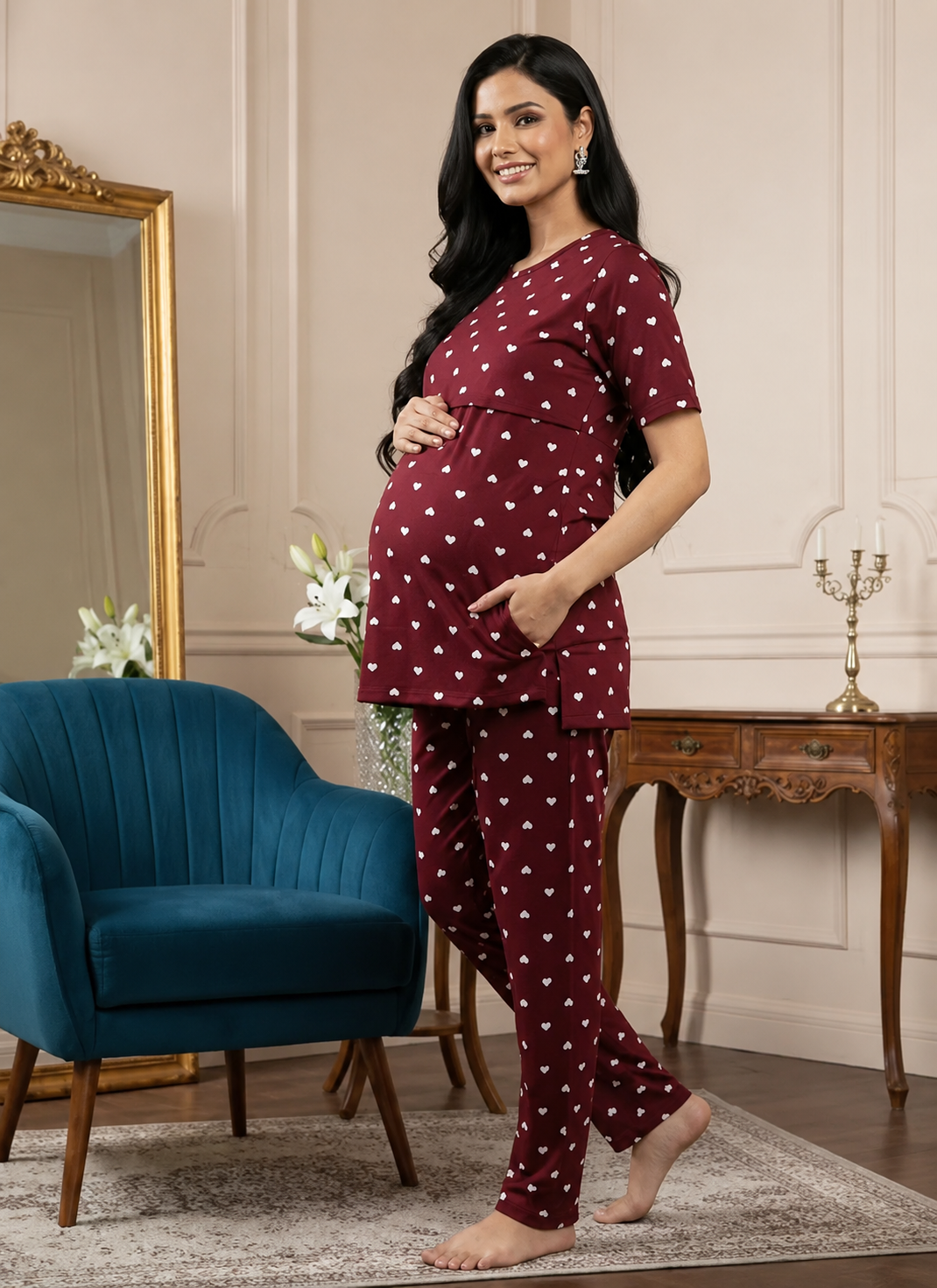 Heart Print Maternity Co-Ord Set – Cotton Feeding - Image 2