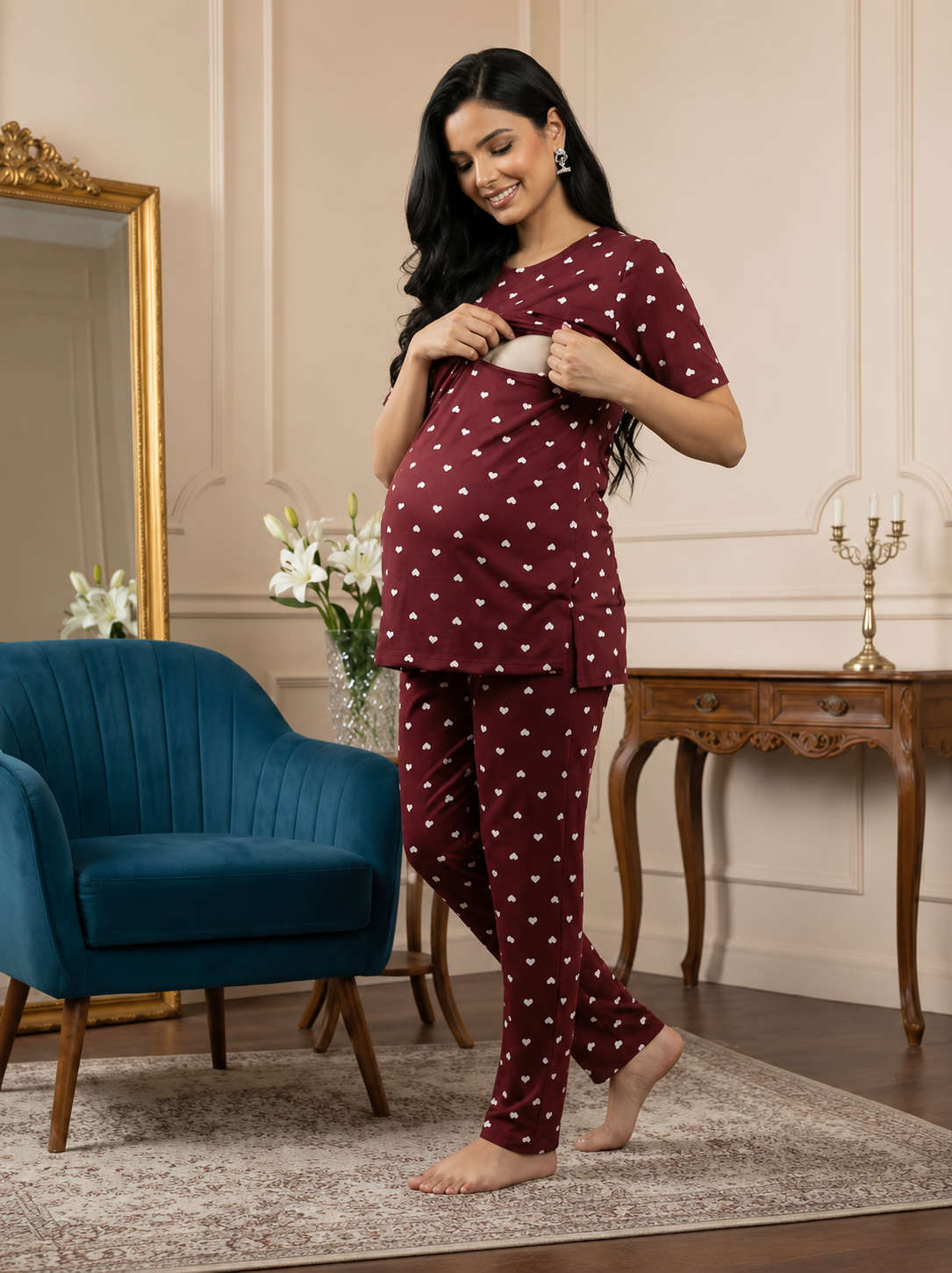 Heart Print Maternity Co-Ord Set – Cotton Feeding - Image 4