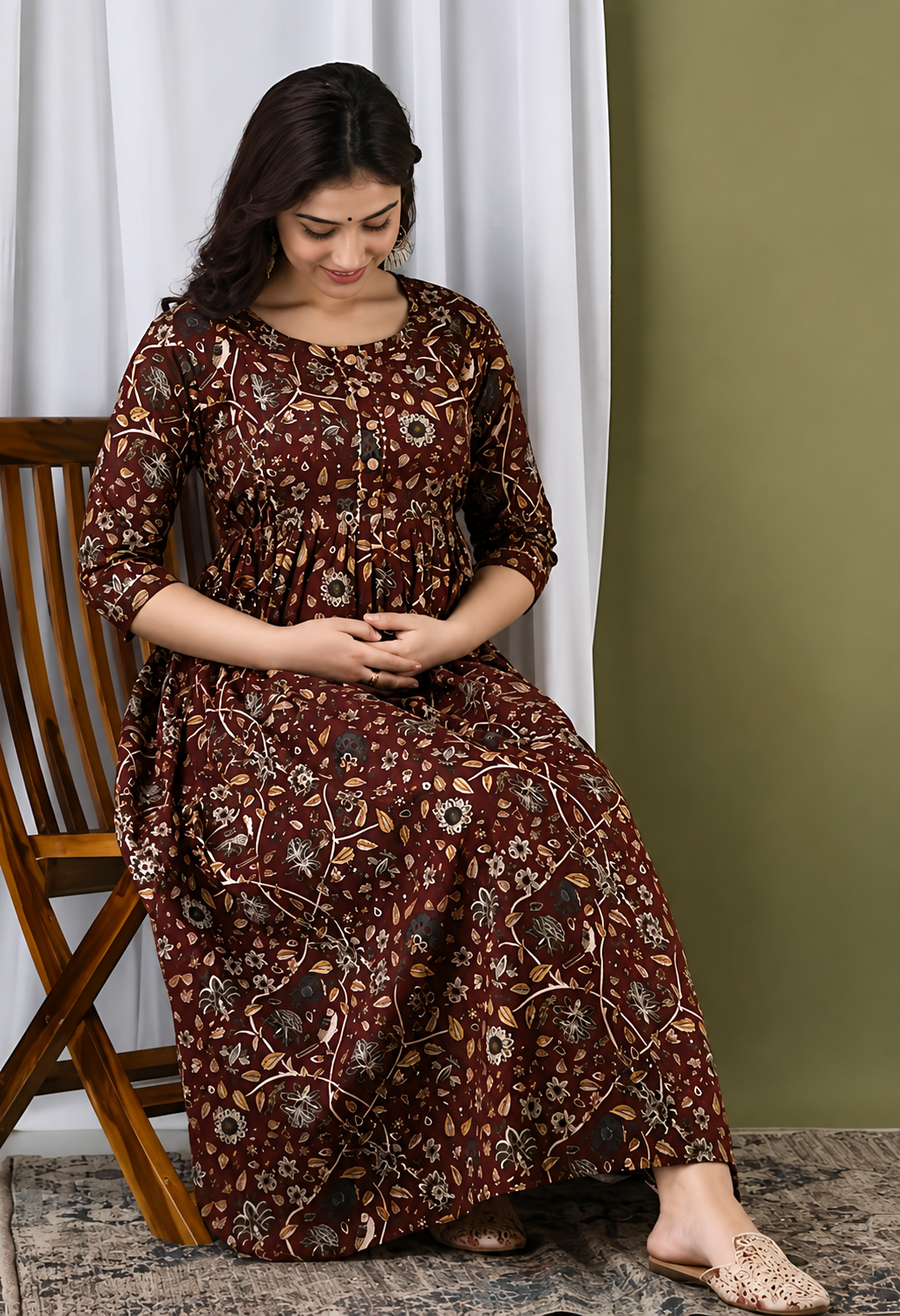 Printed Maternity Feeding Gown – Dual Zip Anarkali - Image 2