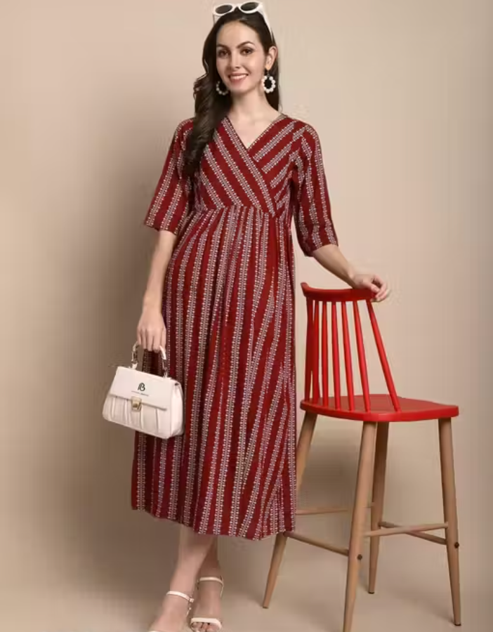 Maroon Maternity Feeding Dress – Cotton Full Length - Image 3