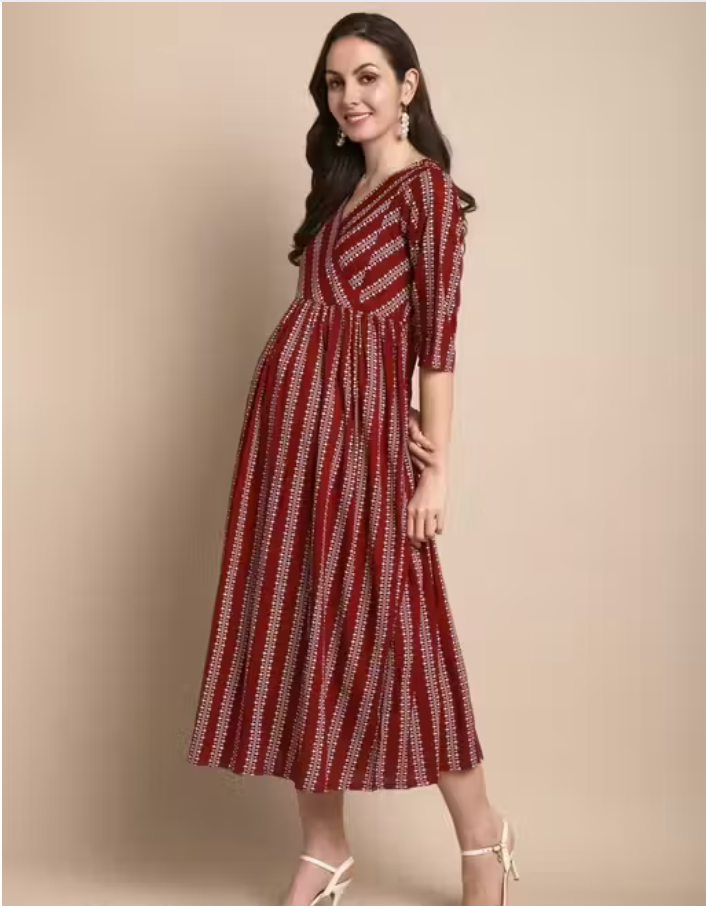 Maroon Maternity Feeding Dress – Cotton Full Length - Image 2