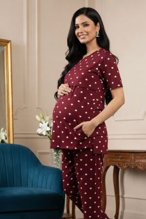 Heart Print Maternity Co-Ord Set – Cotton Feeding