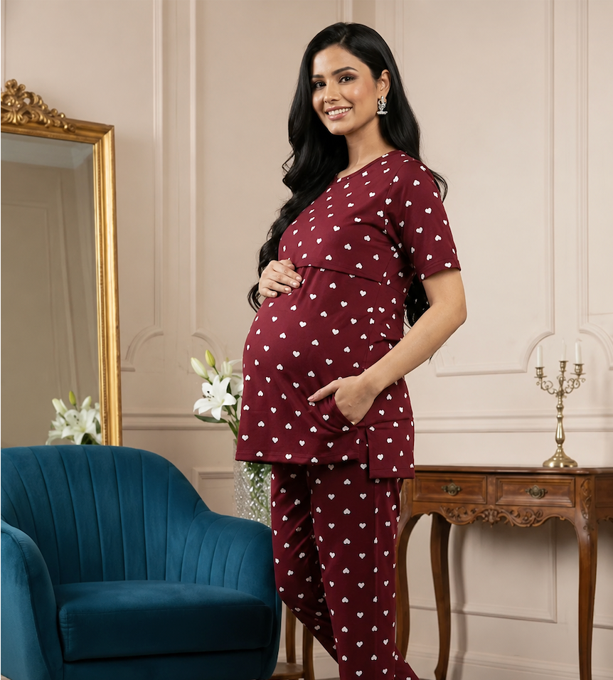 Heart Print Maternity Co-Ord Set – Cotton Feeding