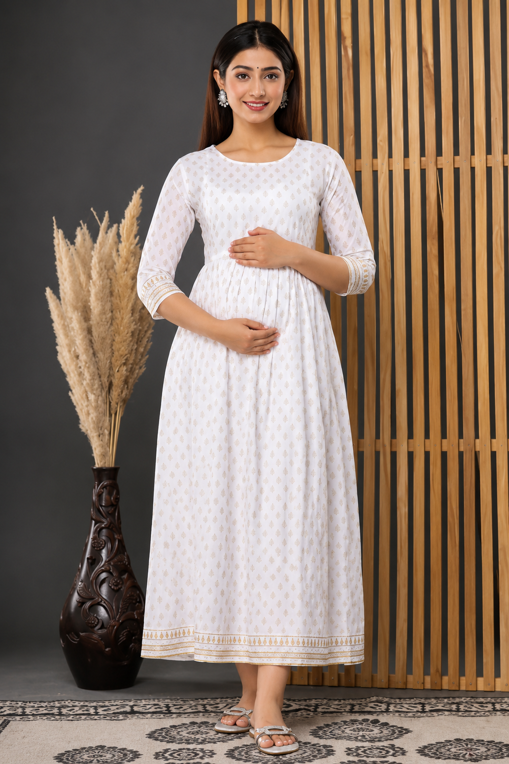 White Maternity Feeding Dress – Cotton Full Length - Image 3