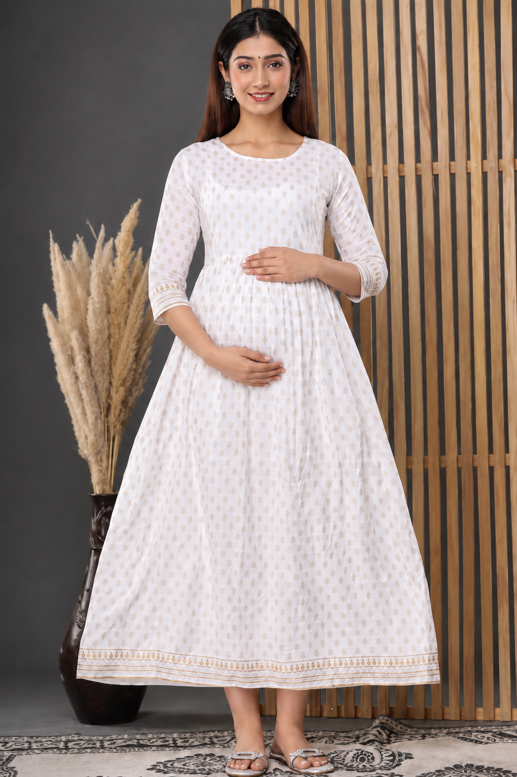 White Maternity Feeding Dress – Cotton Full Length - Image 5